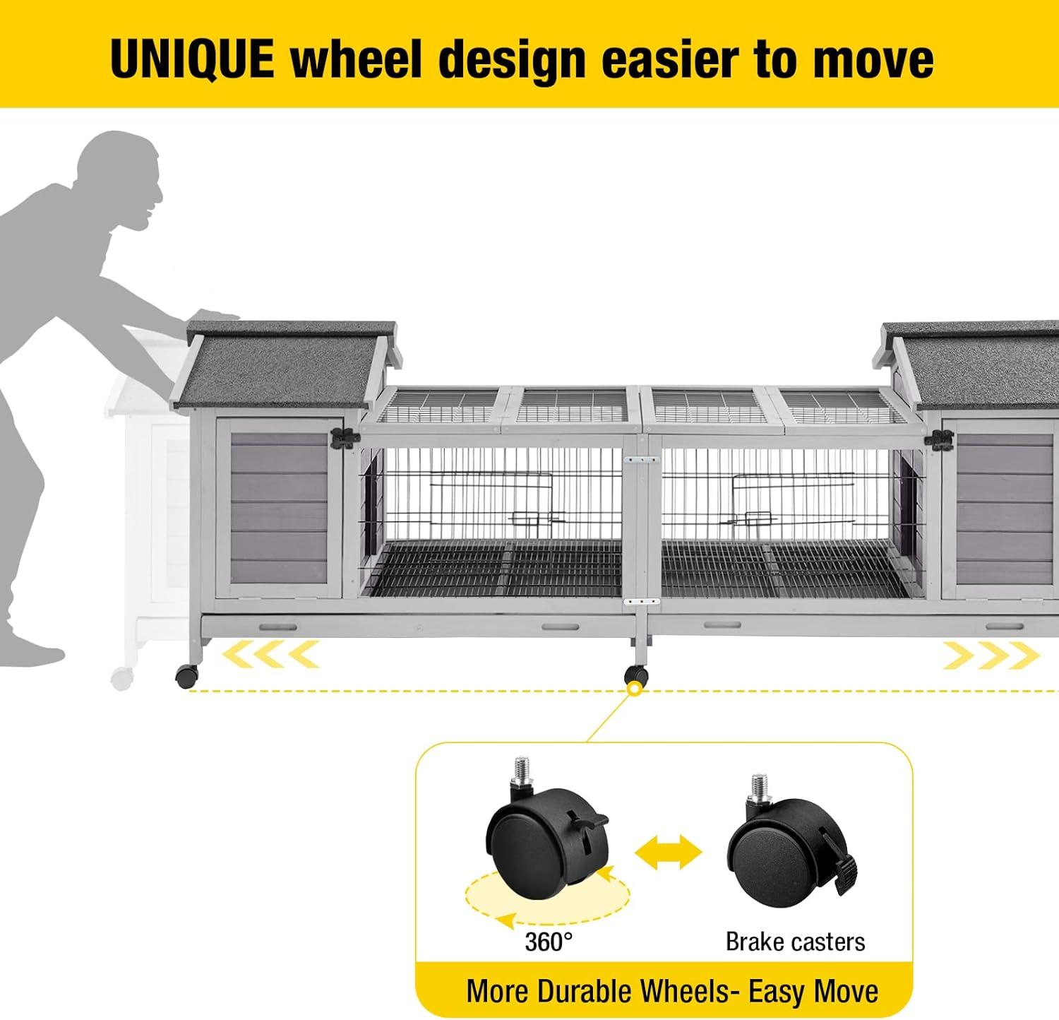 Gray Wooden Indoor/Outdoor Rabbit Hutch with Double House and Run