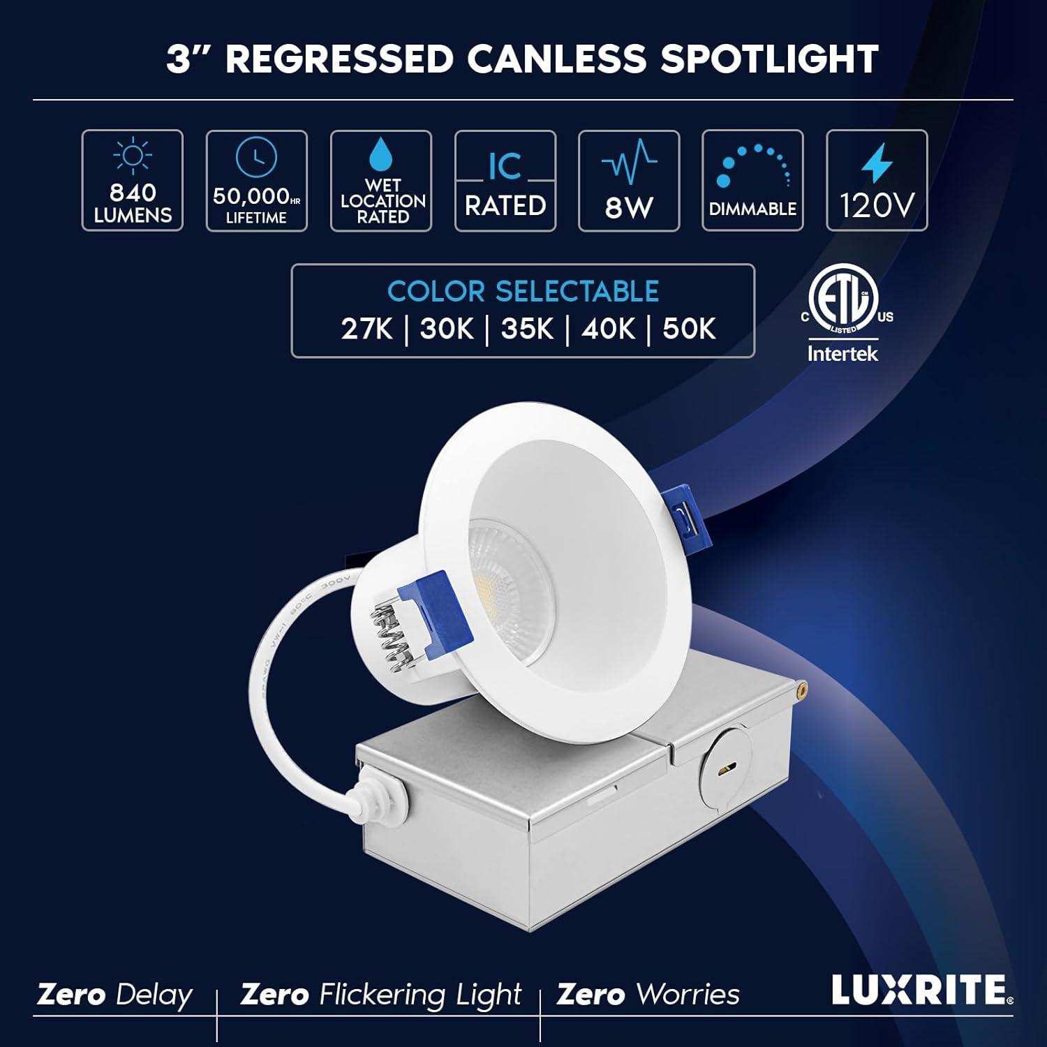Luxrite 3 Inch LED Recessed Ceiling Light J-Box 8W 5CCT 2700K/3000K/3500K/4000K/5000K 840LM Dimmable Canless Downlight, Wet Rated IC Rated ETL 12 Pack