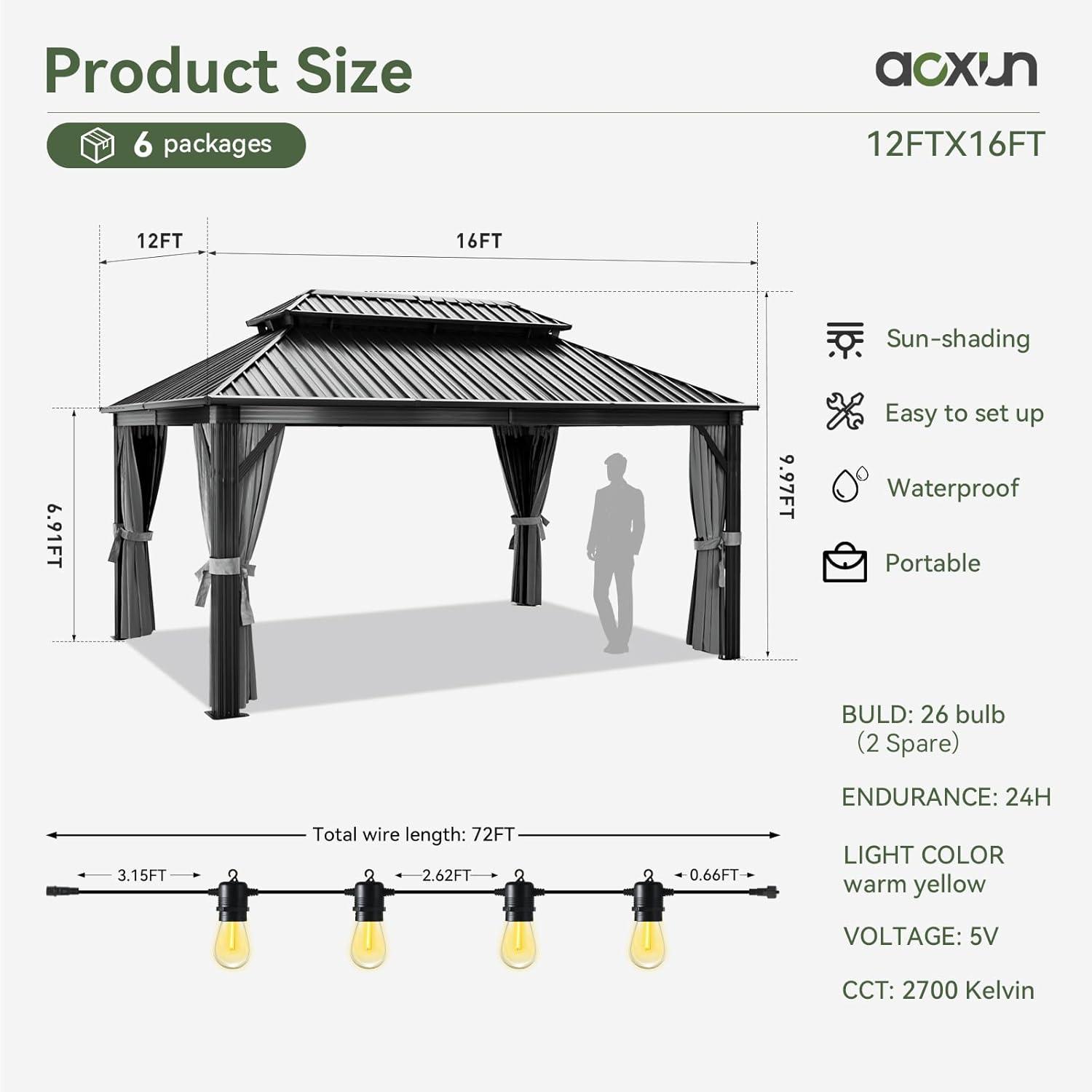 Kozyard Kozyard Alexander Gray Double Roof Hardtop Gazebo with Privacy Curtain Mosquito Netting