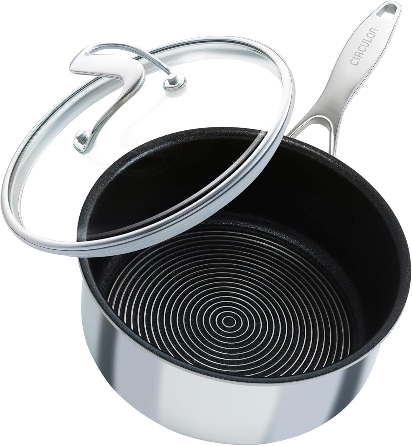 Circulon SteelShield C-Series 2qt Clad Tri-Ply Nonstick Saucepan with Lid: Induction & Oven Safe, Stainless Steel Handle