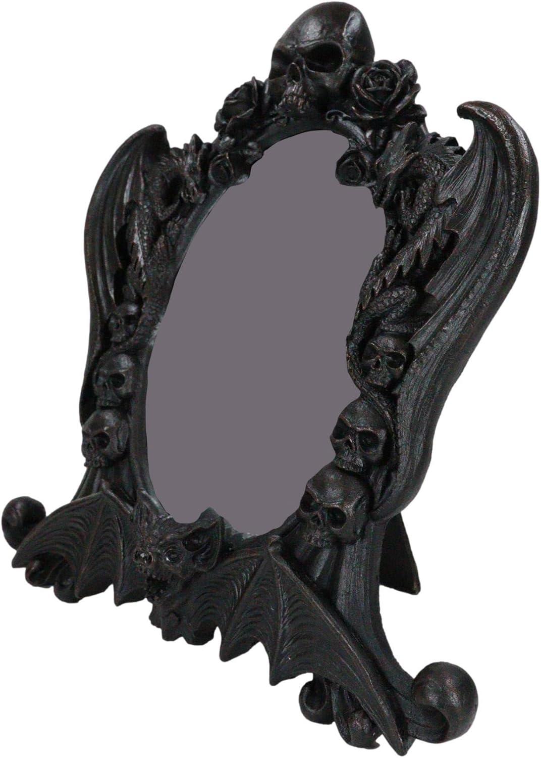 Gothic Black Resin Mirror with Skulls, Roses, and Bats
