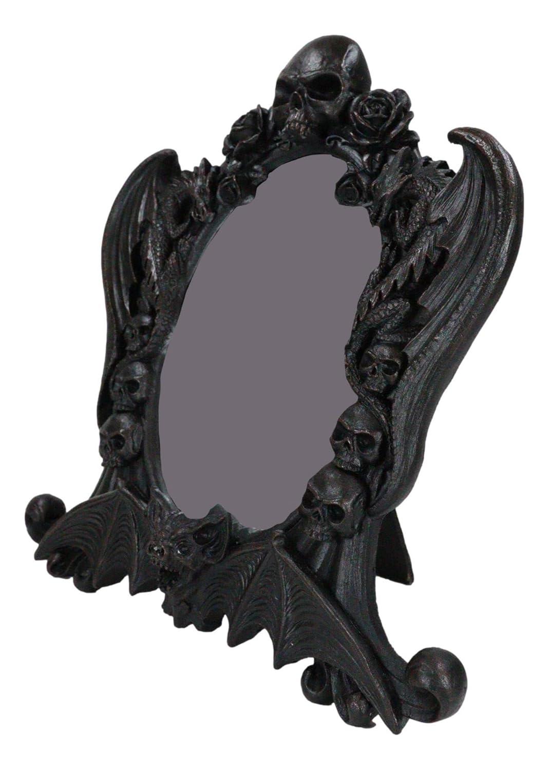 Gothic Black Resin Mirror with Skulls, Roses, and Bats