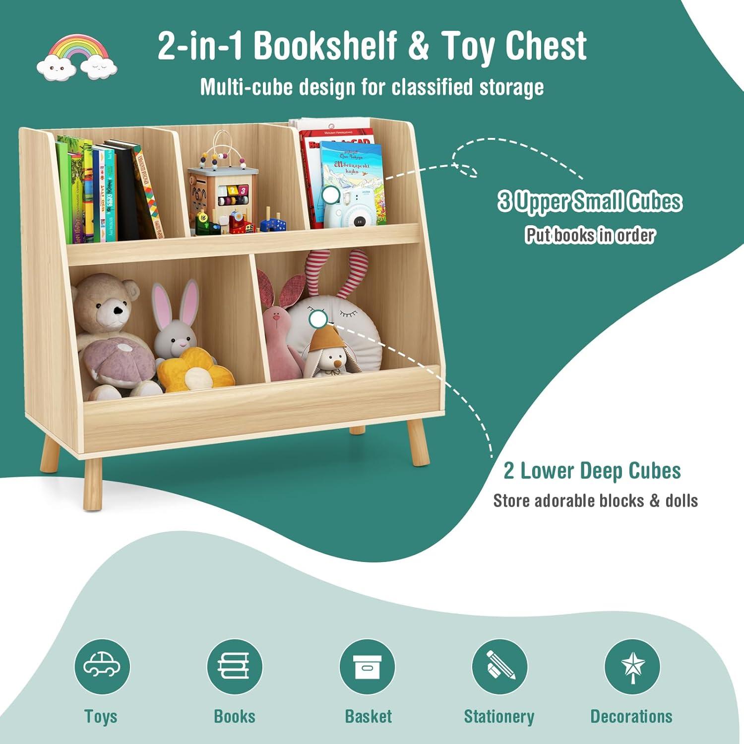 Costway 5-Cube Kids Bookshelf and Toy Organizer Wooden Storage Bookcase with Wood Legs Beige