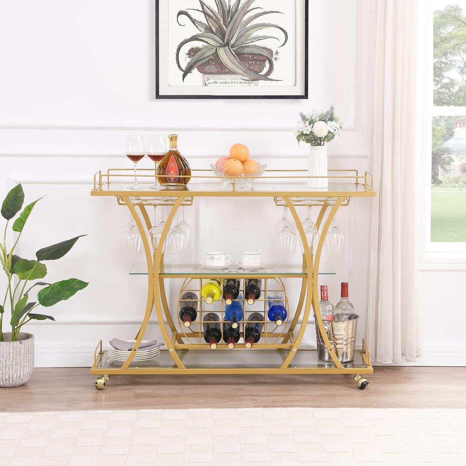 Gold Metal 3-Tier Bar Cart with Glass Shelves and Wine Rack