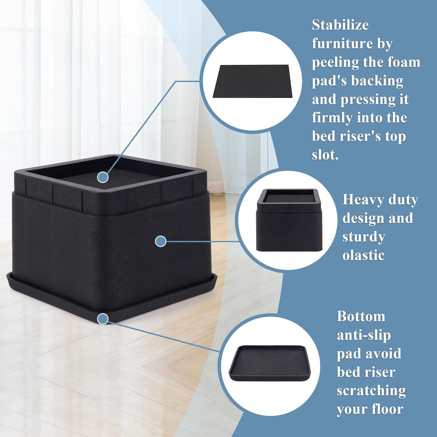 Black Stackable Plastic Bed Risers, 3 or 6 Inch, 4 Pack