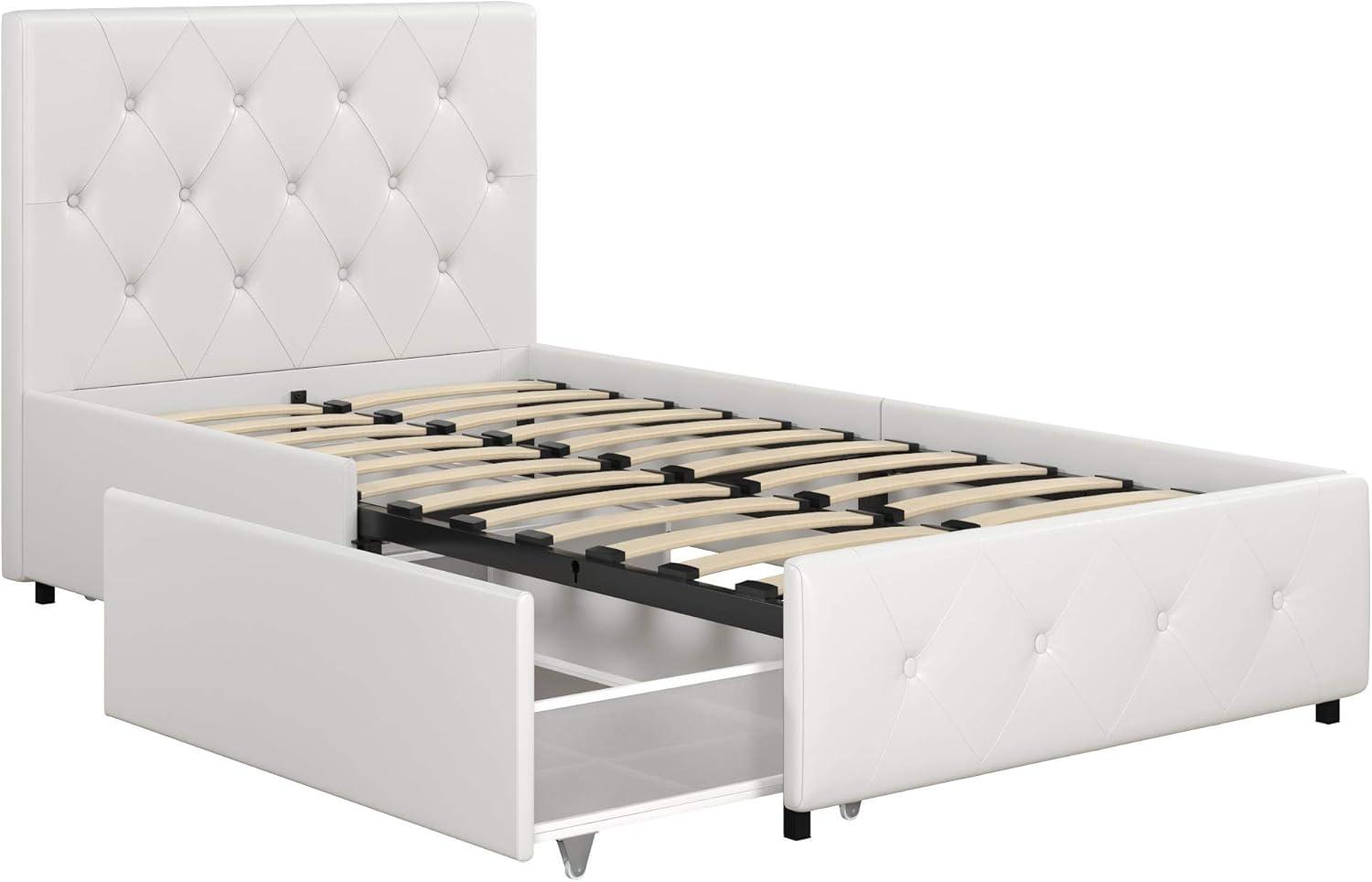 Twin White Upholstered Platform Bed with Storage Drawers