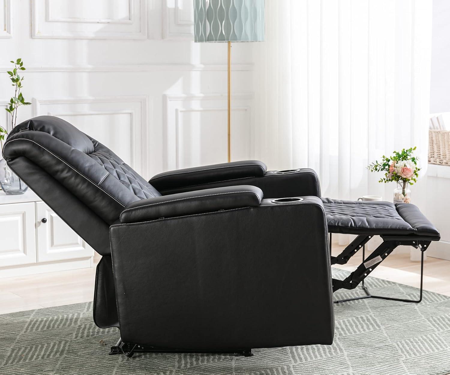 Bonzy Home Electric Power Recliner Chair Soft Air Breathable Leather Reclining for Adults with USB Ports and Cup Holders, Black Home Theater Seating with Hidden Arm Storage Movie & Media Room Chairs