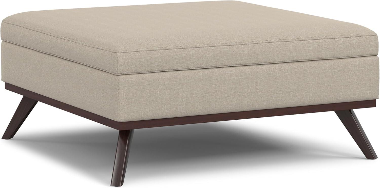 Simpli Home Owen 34"W Upholstered Coffee Table Storage Ottoman with Lift Top and Solid Wood Legs