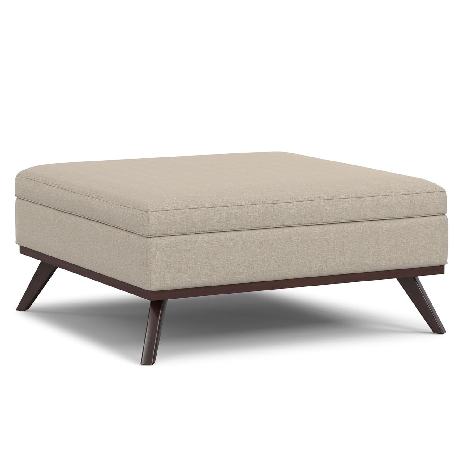 Simpli Home Owen 34"W Upholstered Coffee Table Storage Ottoman with Lift Top and Solid Wood Legs