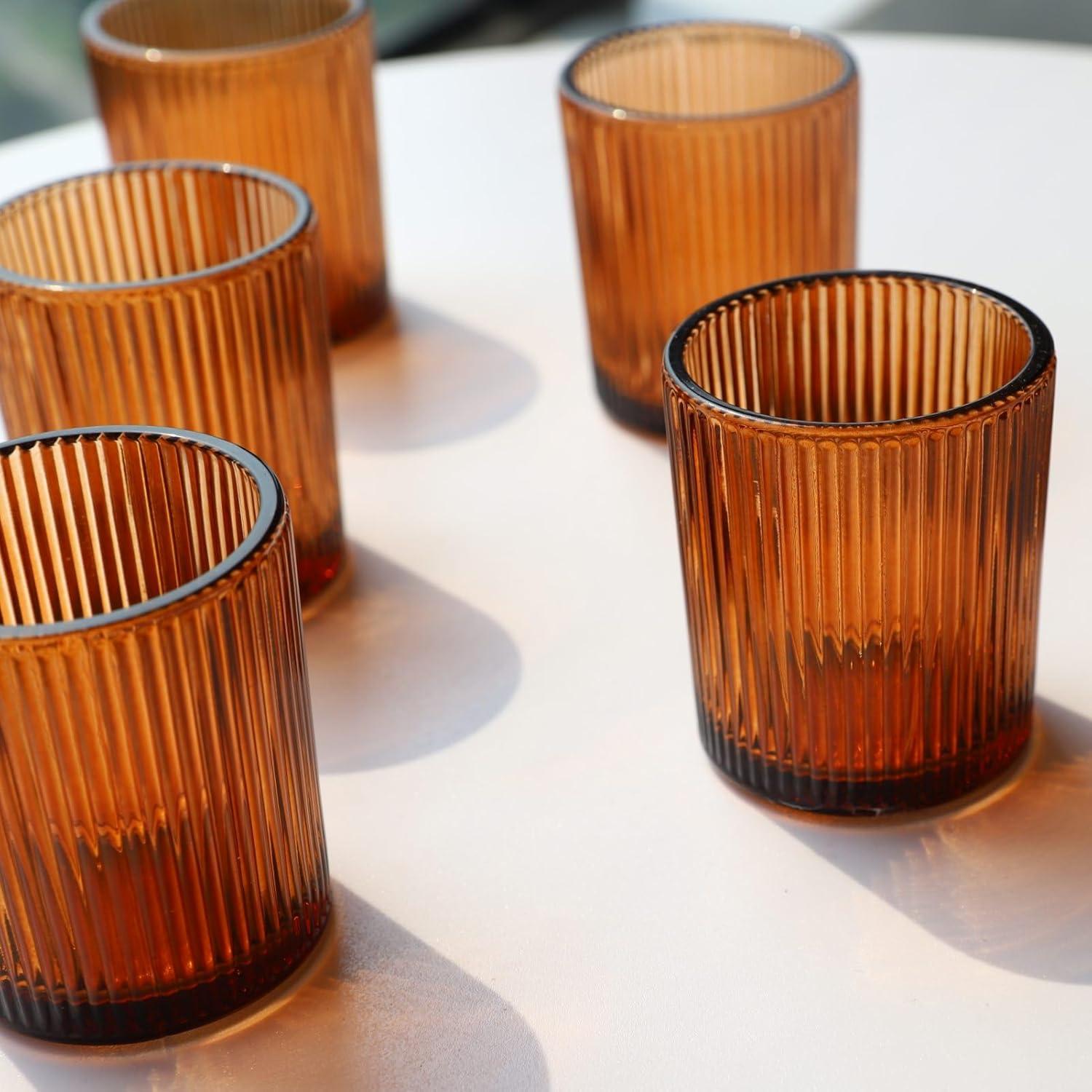 Amber Ribbed Glass Votive Candle Holders, Set of 12