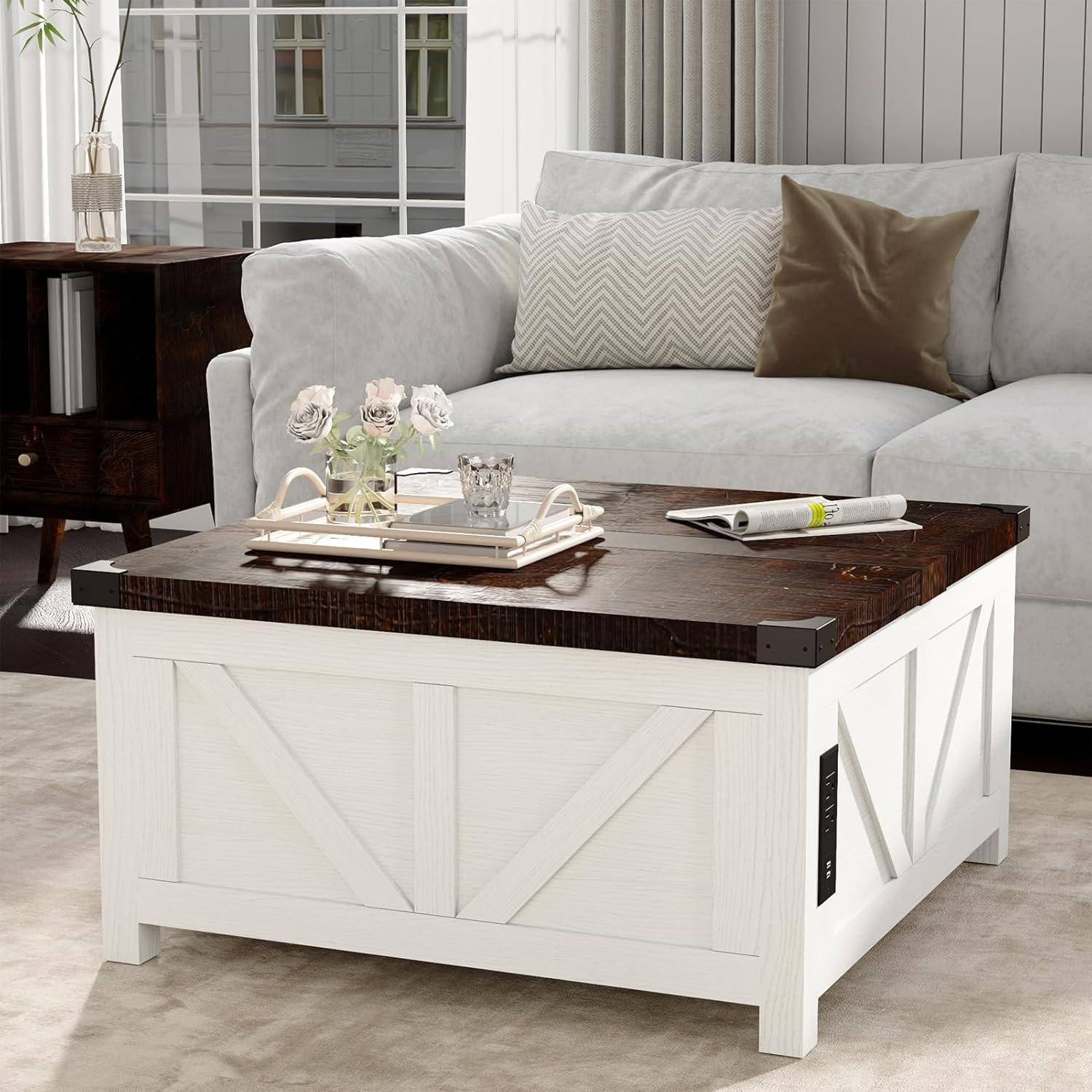 White and Brown Square Lift-Top Coffee Table with Storage