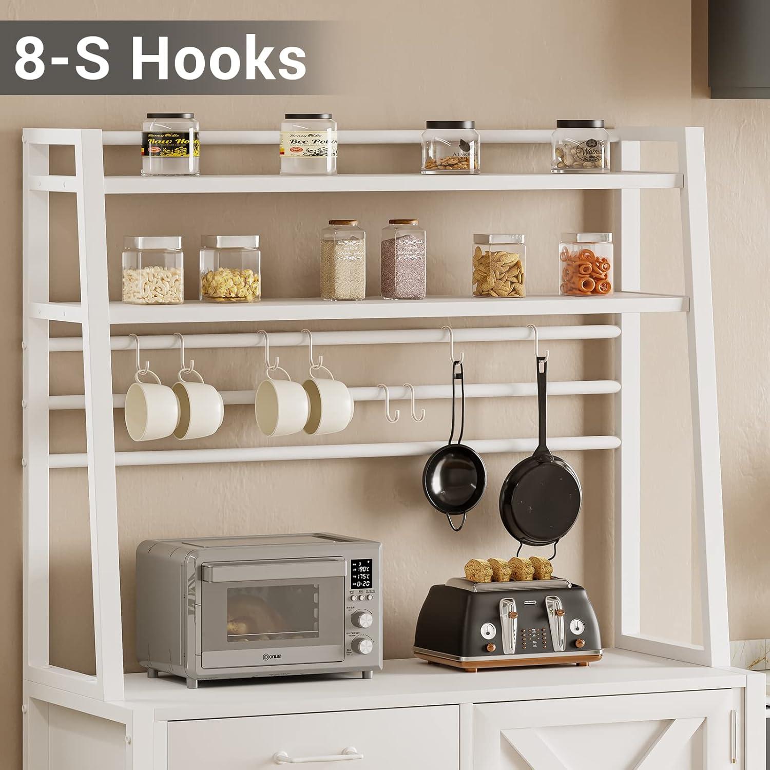 Afuhokles Baker's Rack, Coffee Bar Cabinet, Farmhouse Microwave Stand with Wine Rack, Storage Drawer and 8 Hooks for Kitchens with Storage, White