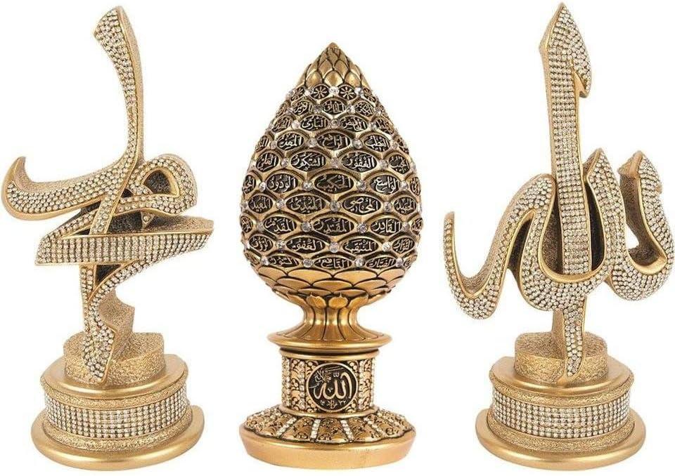 Gift Table Decor 3 Piece Set Gold Sculptures Arabic Allah Muhammad Ayatul Kursi or ESMA al Husna (Gold with Ayatul Kursi)