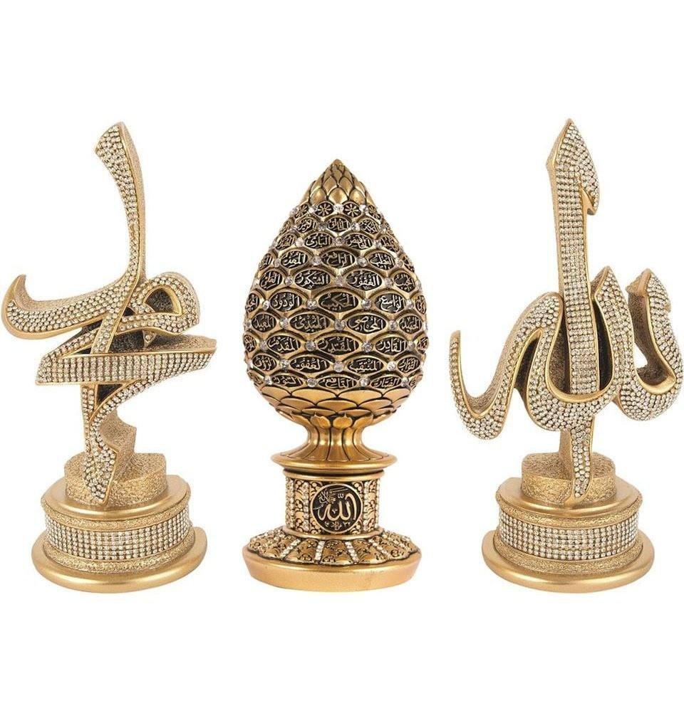 Gift Table Decor 3 Piece Set Gold Sculptures Arabic Allah Muhammad Ayatul Kursi or ESMA al Husna (Gold with Ayatul Kursi)