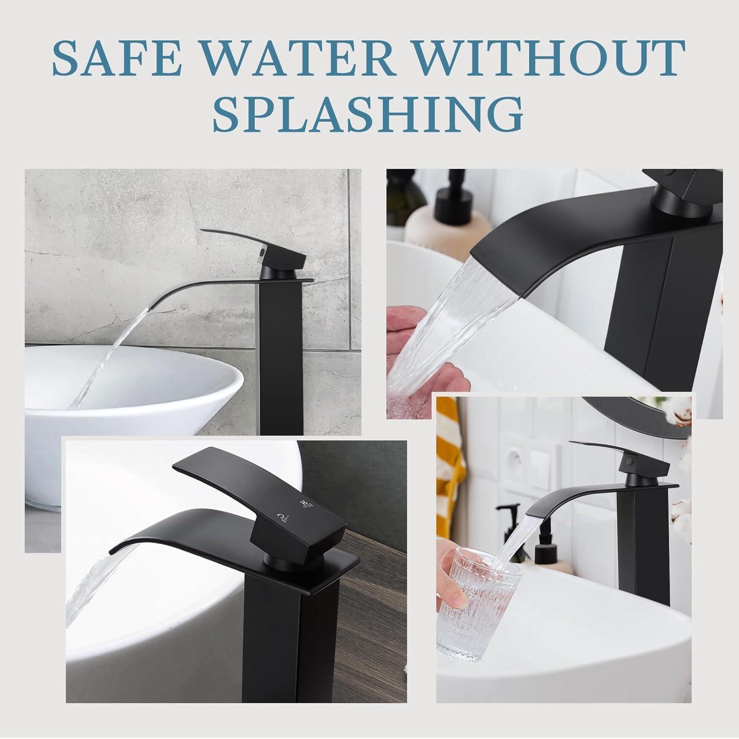 KZH Vessel Sink Faucet, Matte Black Tall Waterfall Spout Bathroom Faucet,Single Handle Bathroom Sink Faucet for 1 Hole Mixer Tap Washbasin Vanity Faucet with Pop-up Drain and Supply Hoses
