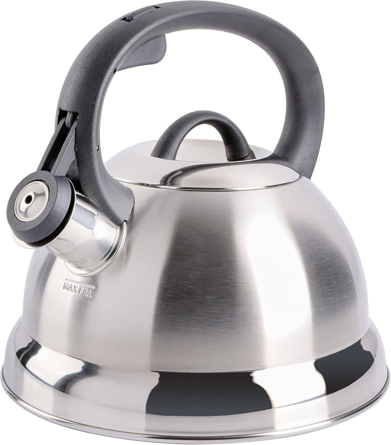 Brushed Satin Stainless Steel Whistling Tea Kettle, 1.75-Quart