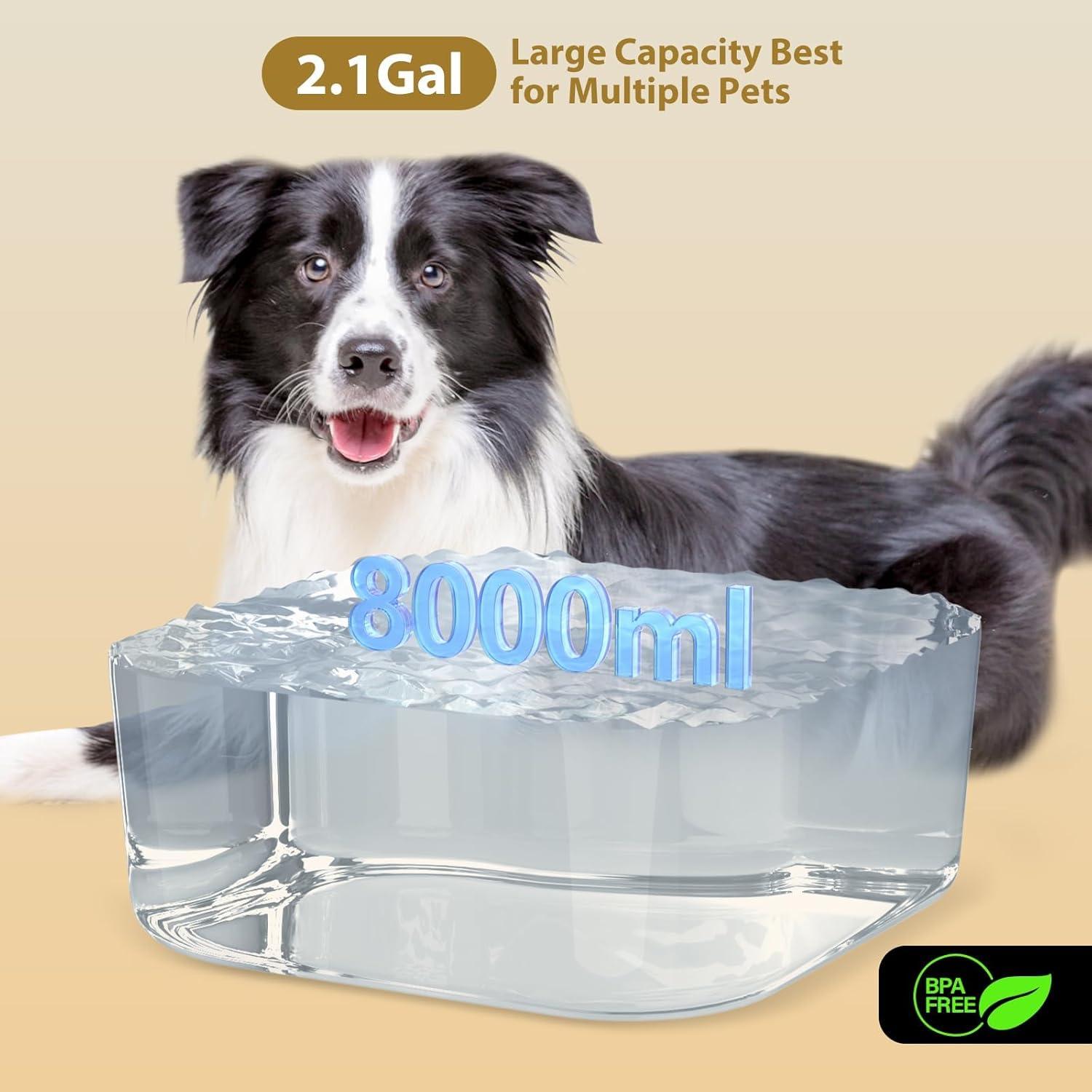 Dog Water Fountain for Large Dogs, 2.1GAL/8L/270oz Large Dog Water Fountain for Dogs Inside w/Water Level Window and LED Shortage Reminder, Ultra-Quiet Pump Dog Fountain for Multiple Pets