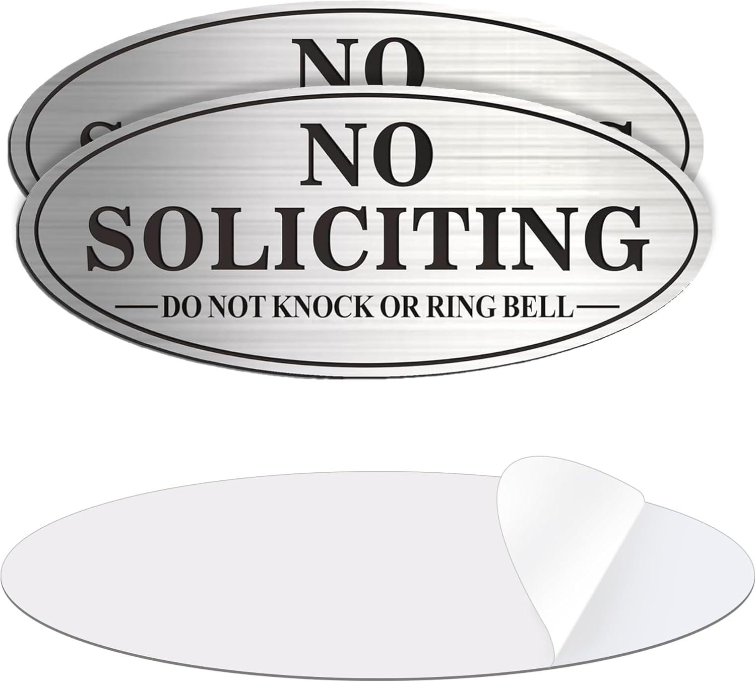 No Soliciting Sign, No Solicitors Sign for Front Door, 2 Pack Self-Adhesive Aluminum Metal No Solitation Do Not Knock or Ring Bell Sign, 7.0 x 3.0 inches Weather Resistant Signs for Home Doorbell Busi