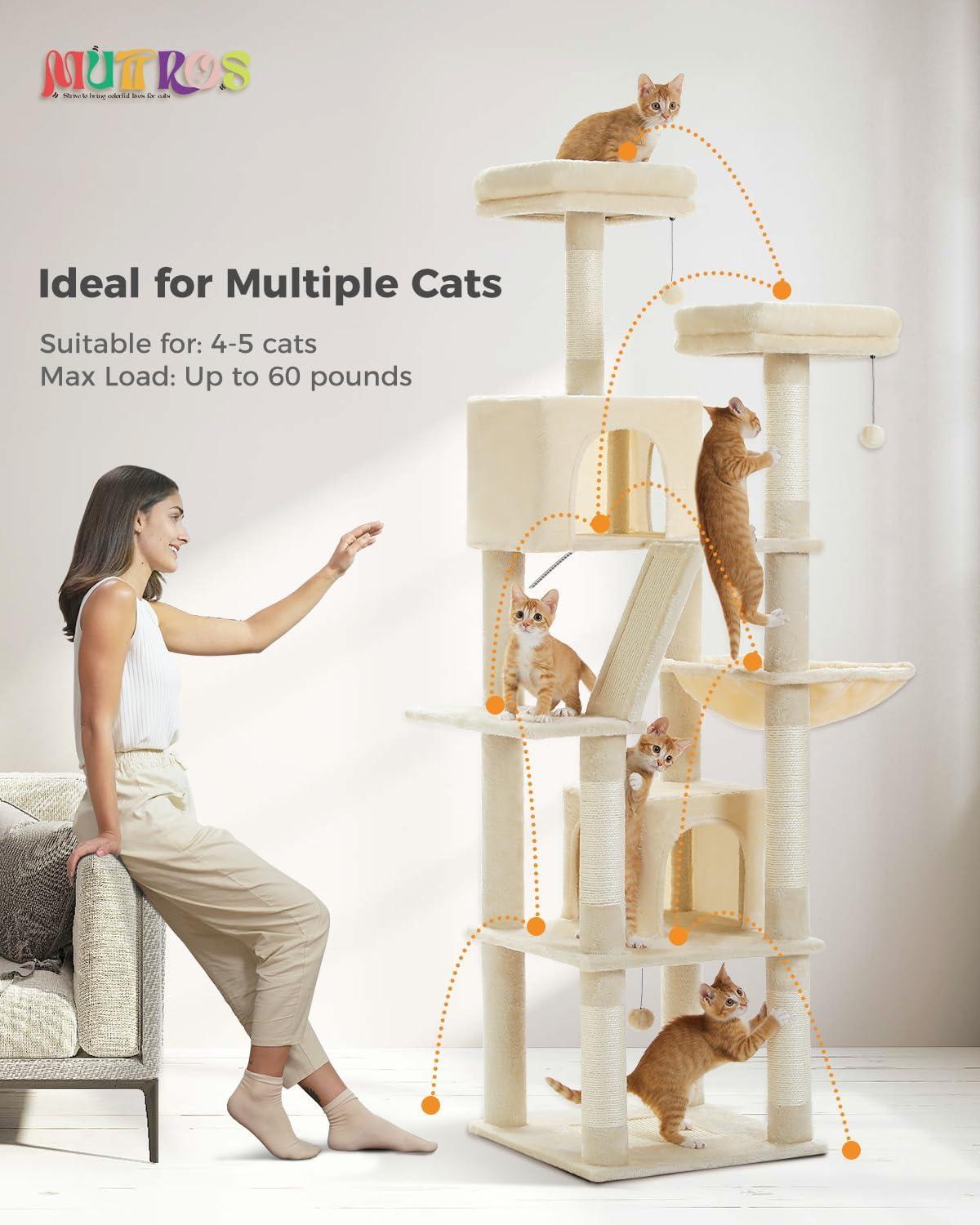 Tall Cat Tree 70.9", Large Cat Tower for Indoor Cats, Multi-Level Plush Cat Condo with 6 Scratching Posts, 2 Scratching Boards, 2 Perches, 2 Caves, Hammock, 2 Pompoms, Beige