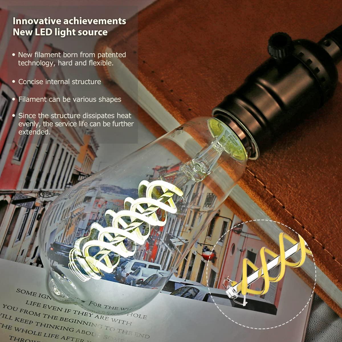 6 Pack ST19 ST58 Edison Bulb, Vintage LED Filament Bulb,Softy White 2700K, Antique Flexible Spiral LED Filament Light Bulb, Dimmable 600LM, 6W Equivalent to 60W, E26 Base,Clear Glass