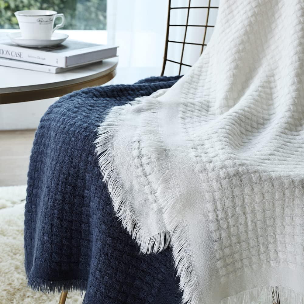 Off-White Crocheted Reversible Throw Blanket with Tassels