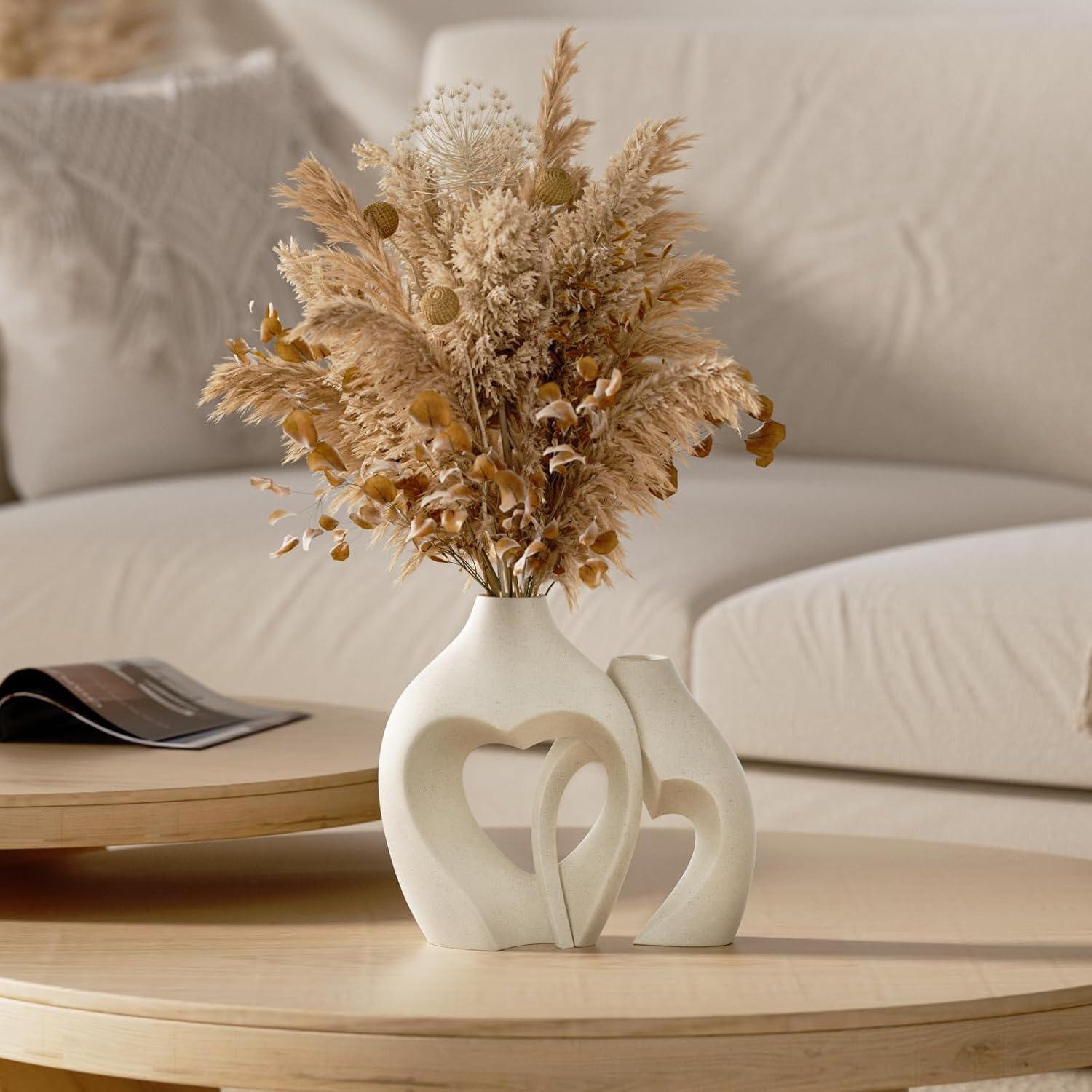 Ivy Bronx White Vases For Decor, Heart Shaped Ceramic Vase Set Of 2, Nordic Heart Shaped Vases, Minimalist Decorative Vase For Table Centerpiece Wedding Dining Living Room Office House Decoration