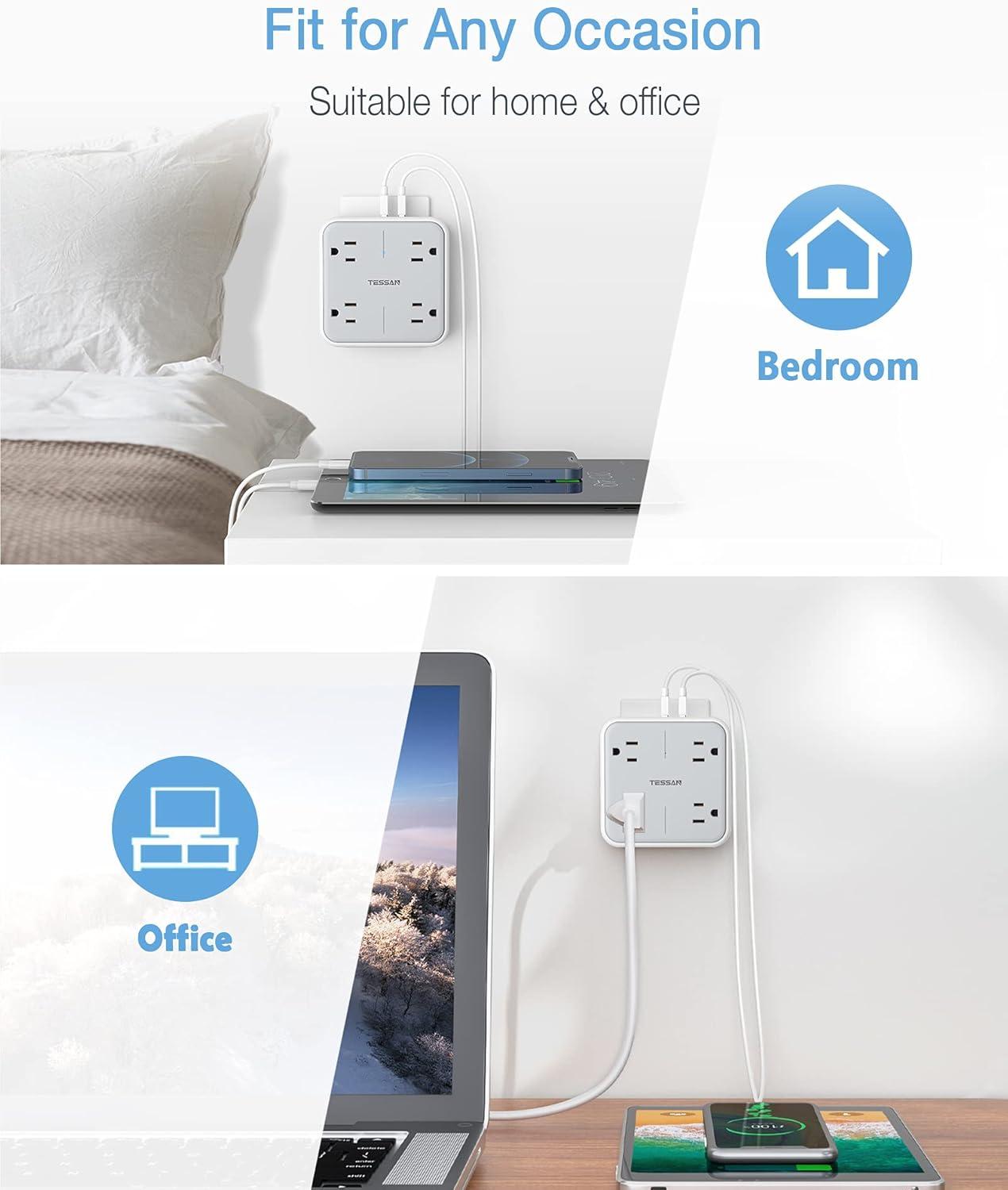 Multi Plug Outlet Extender with USB, TESSAN Surge Protector Splitter 3 USB Wall Charger, Multiple Expander for Travel, Home, College Dorm Room