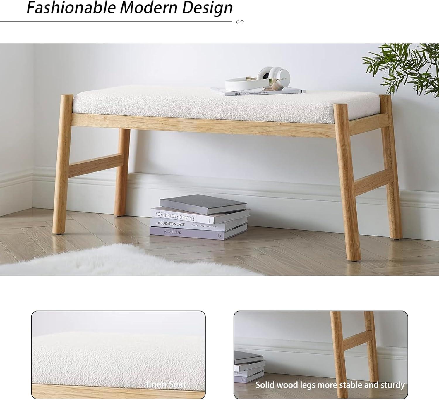 Beige Linen Upholstered Bench with Rubber Wood Frame