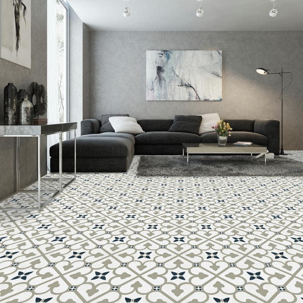 Clover Pattern Blue and Grey 12-Inch Peel and Stick Vinyl Floor Tiles