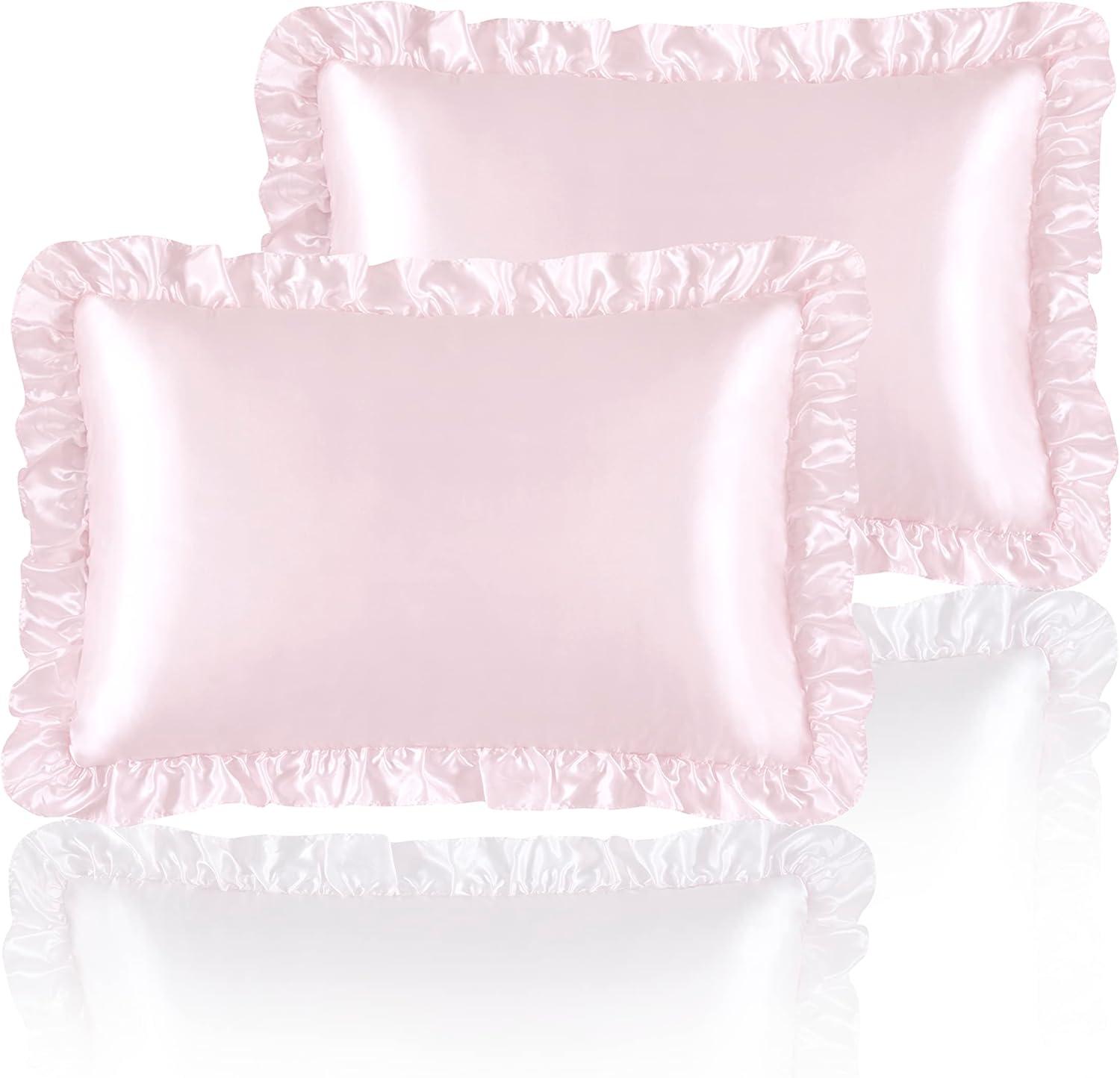 SiinvdaBZX Ruffled Queen Satin Pillowcase Set of 2, Blush Pink Silky Satin Pillow Cases for Women Ruffle Pillow Shams Covers Princess Room Decoration, with Envelope Closure