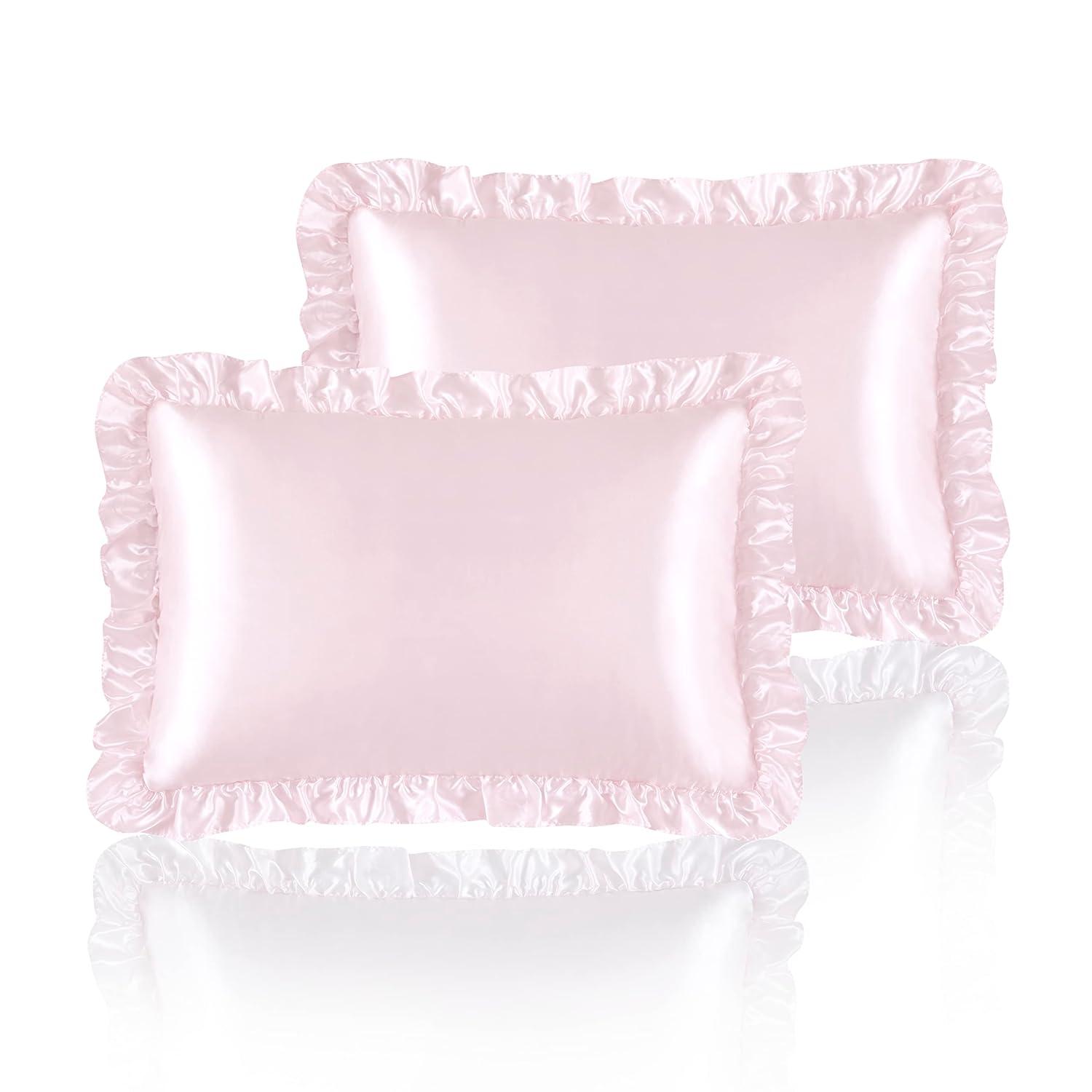 SiinvdaBZX Ruffled Queen Satin Pillowcase Set of 2, Blush Pink Silky Satin Pillow Cases for Women Ruffle Pillow Shams Covers Princess Room Decoration, with Envelope Closure