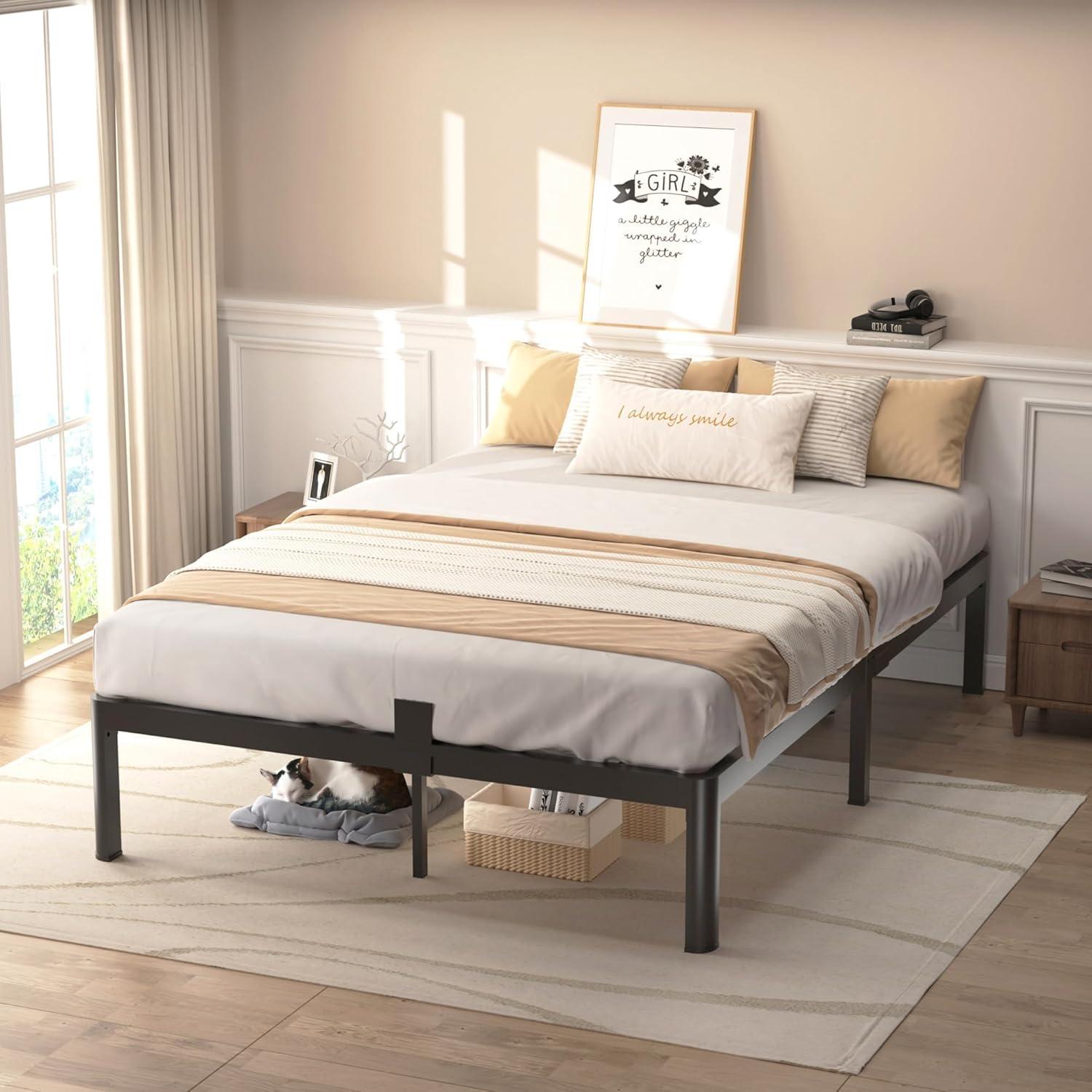 California King Black Metal Platform Bed Frame with Slats