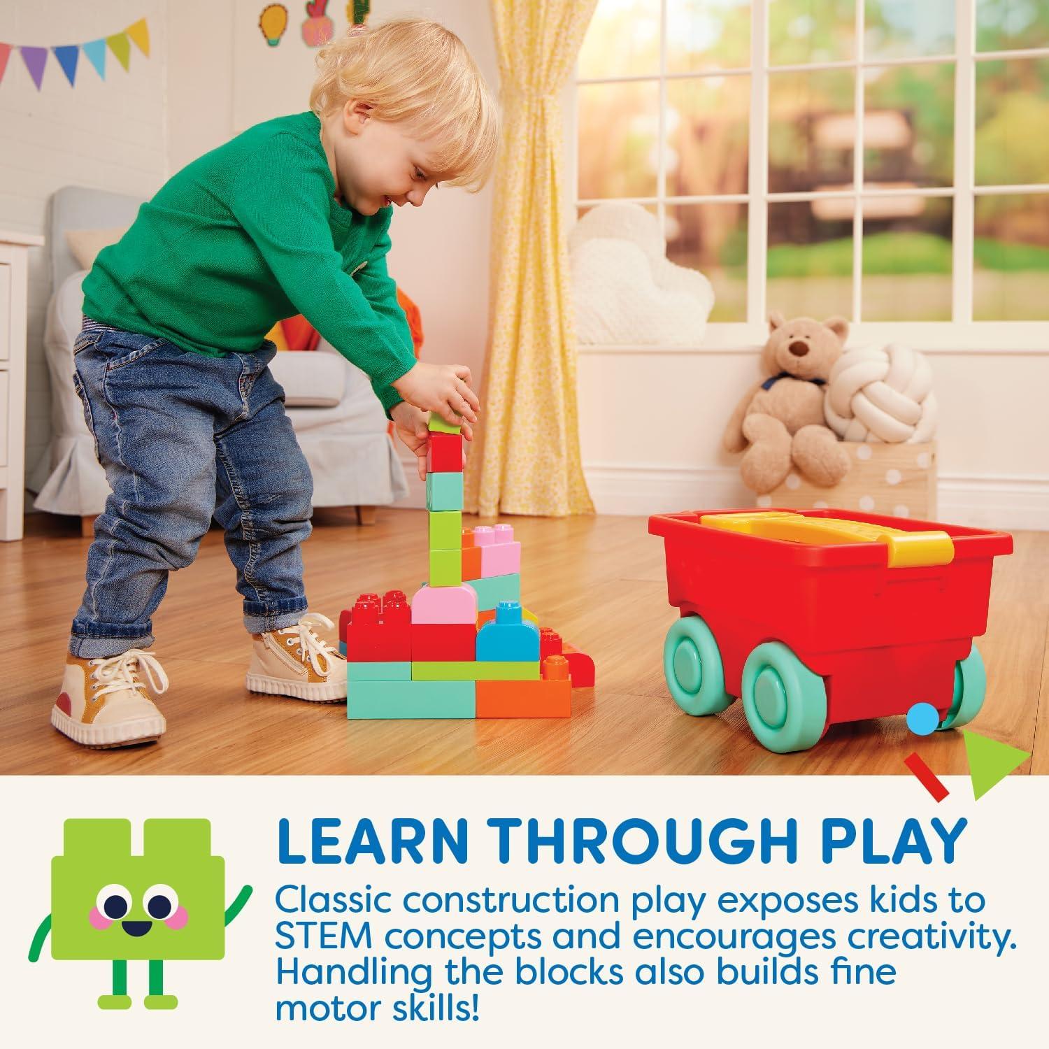 Battat Red Builder’s Wagon with 40+ Building Plastic Blocks, Toddler and Preschool Toys