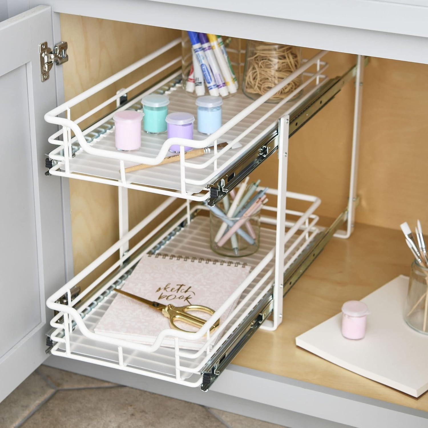 Glidez Multipurpose Powder-Coated Steel Pull-Out/Slide-Out Storage Organizer with Plastic Liners - 2-Tier Dual-Slide Design - White