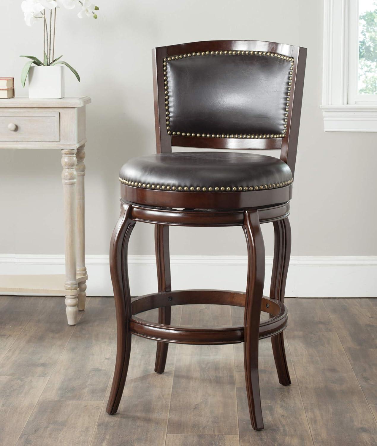 Transitional Sierra Brown Swivel Bar Stool with Bronze Nailhead Trim