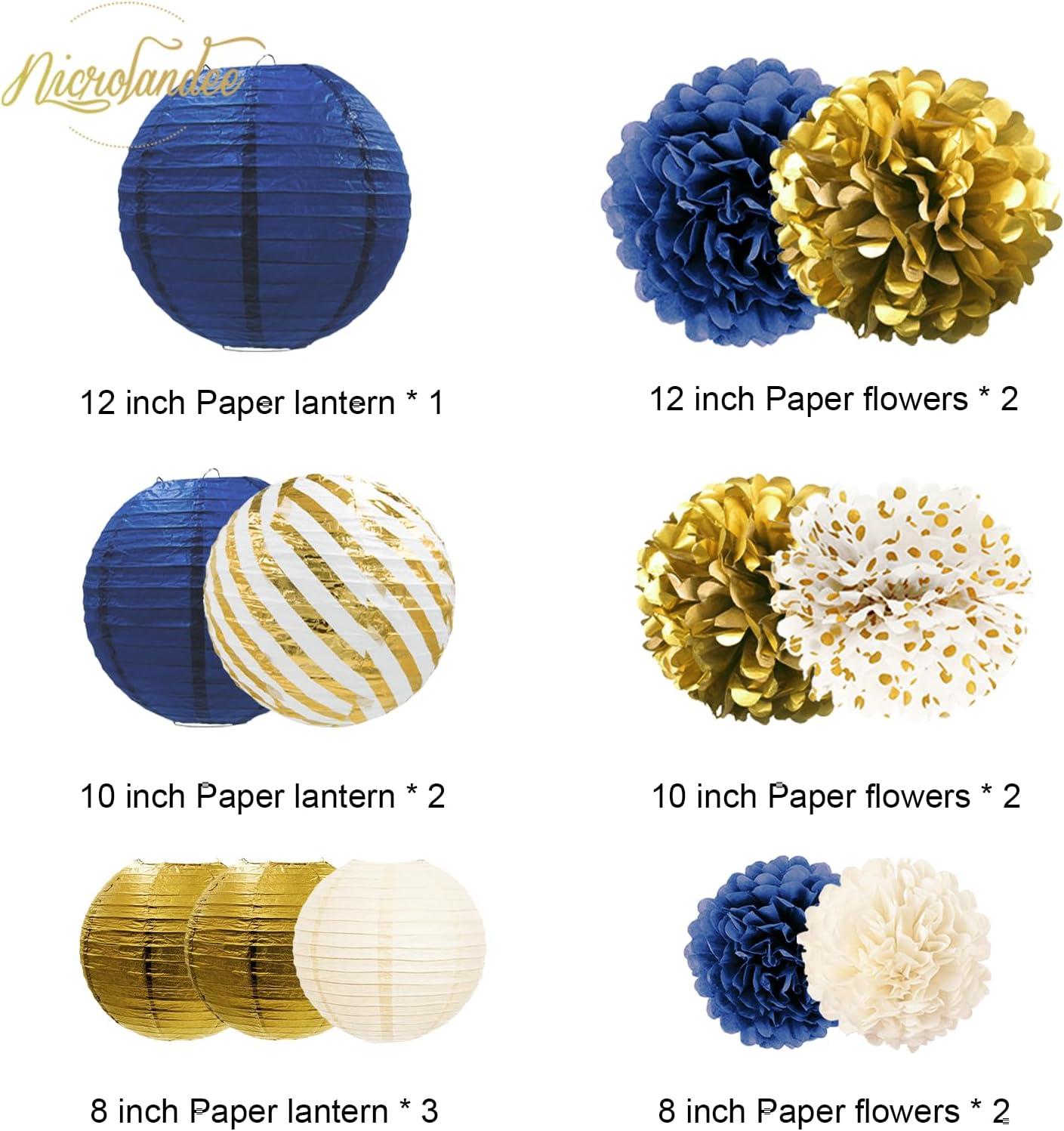 AIM & GGKK Paper Pom Poms Gold Gradient Navy Blue and White Tissue Hanging Paper Pom Poms,Flower Ball Wedding Birthday Party Decoration(12pcs)