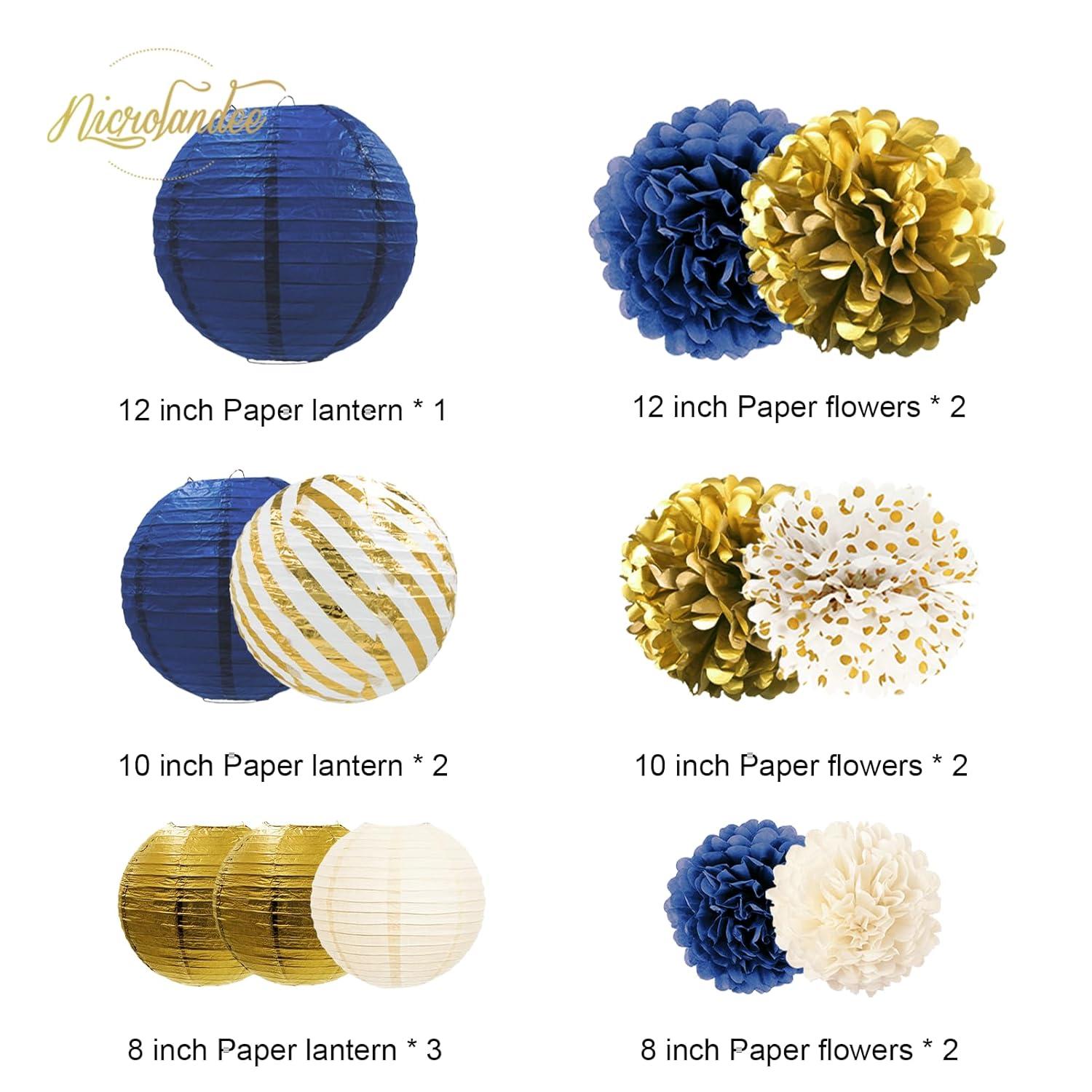 AIM & GGKK Paper Pom Poms Gold Gradient Navy Blue and White Tissue Hanging Paper Pom Poms,Flower Ball Wedding Birthday Party Decoration(12pcs)