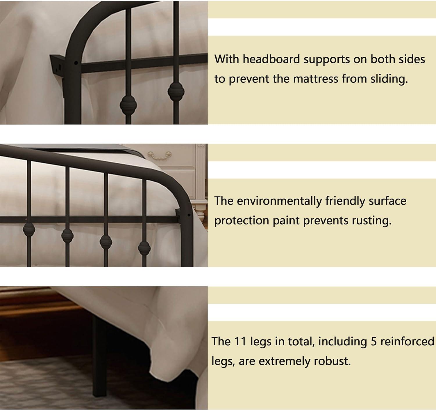 alazyhome Metal Bed Frame Queen Size Platform No Box Spring Needed with Vintage Headboard and Footboard Premium Steel Slat Support Mattress Foundation Black.