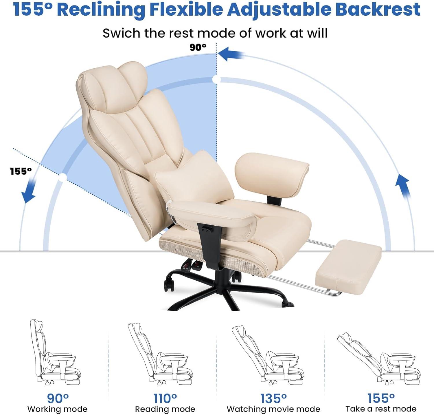 Hoffree Big and Tall Office Chair 450lbs, Executive Computer Desk Chair with Massage Ergonomic  Leather Chair with Footrest Reclining Desk Office Chair with Lumbar Support for Home Office