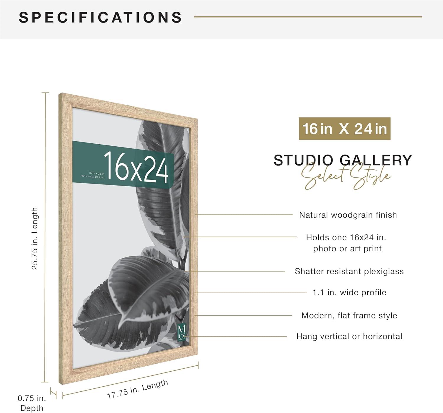 MCS Studio Gallery 16x24 Poster Frame Natural Woodgrain, Vertical & Horizontal Wall Hanging Large Picture Frame for Photos, Posters & Art Prints (1-Pack)