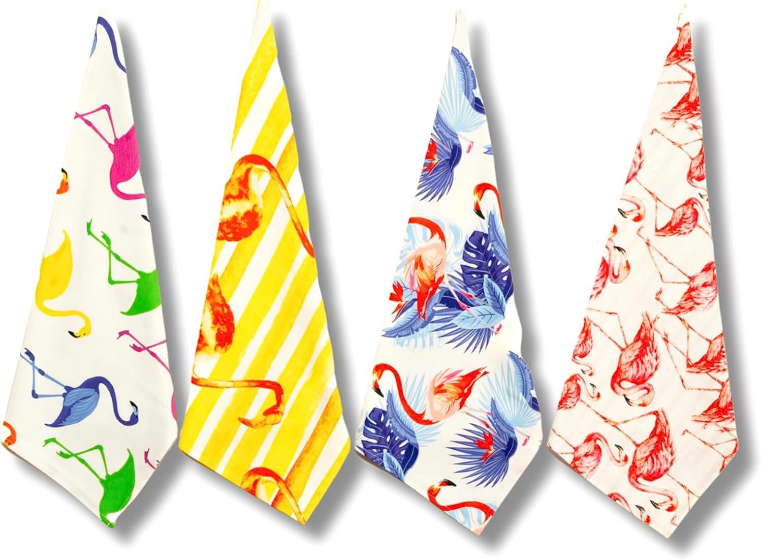 Oldehall Multicolor Variety Pack of Four - Vibrant and Colorful Flamingo Kitchen Towels/Flamingo Tea Towels for Daily Use & Home Decoration Original, Blue, Yellow & Red Designs C42