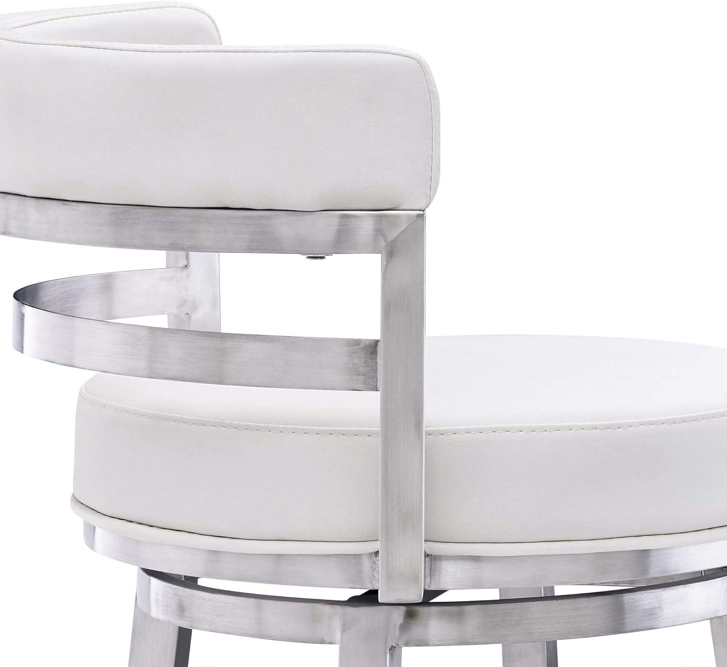 White Faux Leather and Stainless Steel Swivel Bar Stool