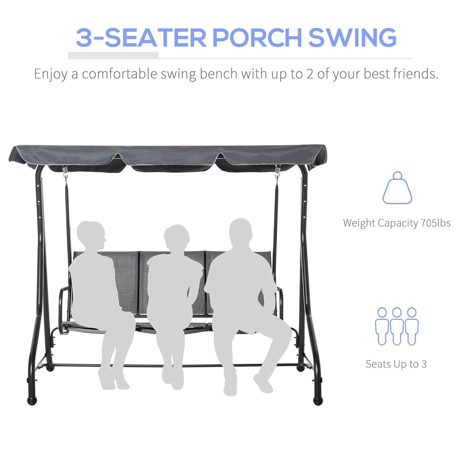 Outsunny 3-Seater Porch Swing Outdoor Swing Chair Patio Bench for Deck with Adjustable Canopy, Padded Sling Fabric Seat