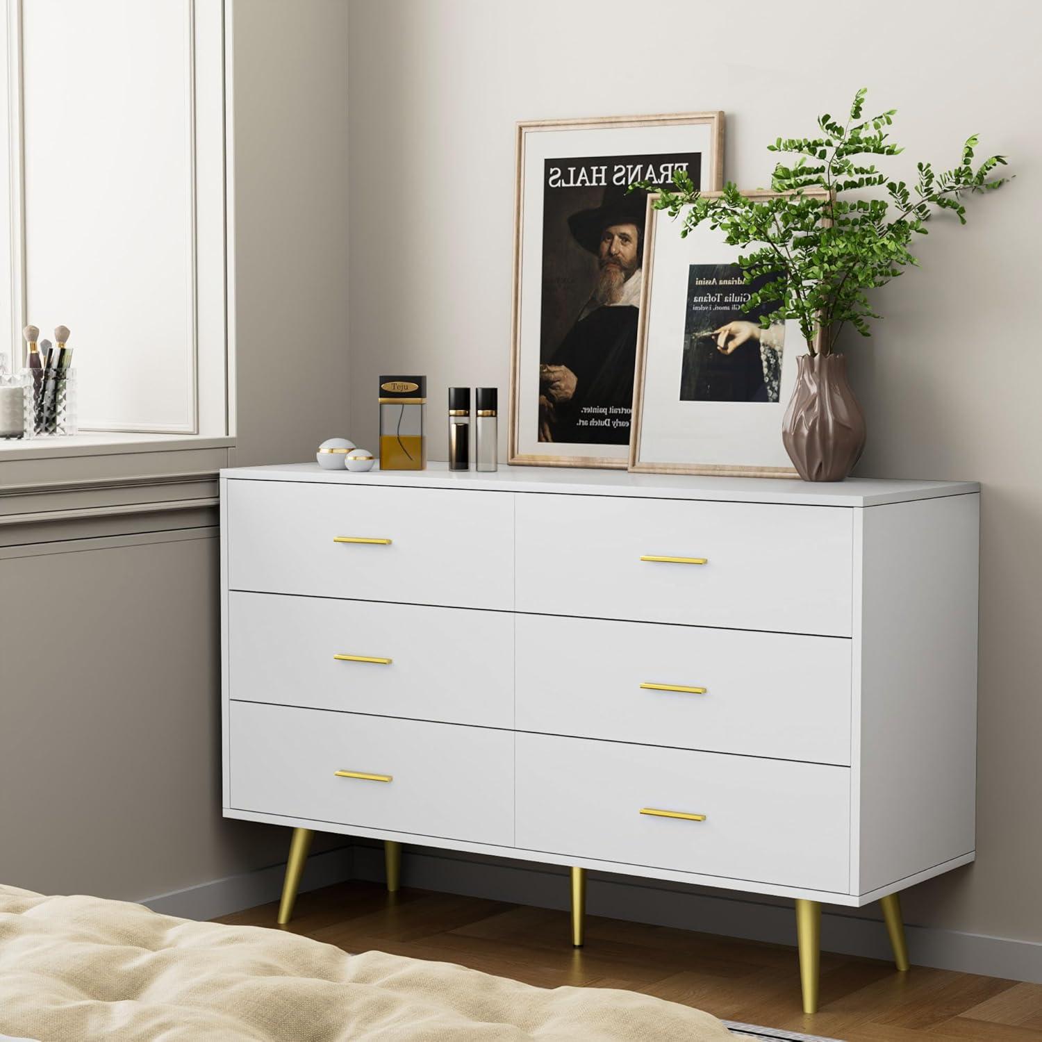 White 6-Drawer Dresser with Gold Handles and Deep Drawers