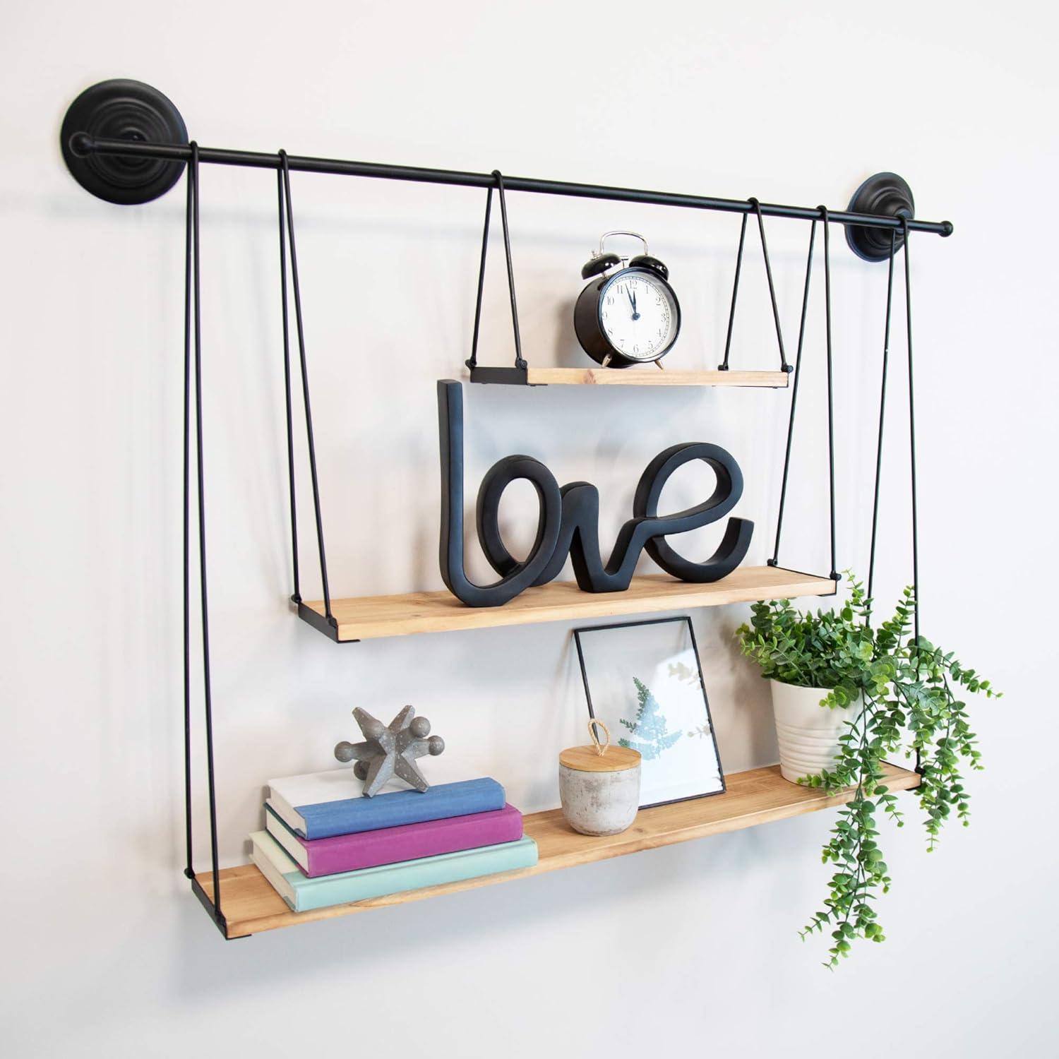 Stratton Home Decor Large 3 Tier Metal and Wood Hanging Wall Shelf, Black