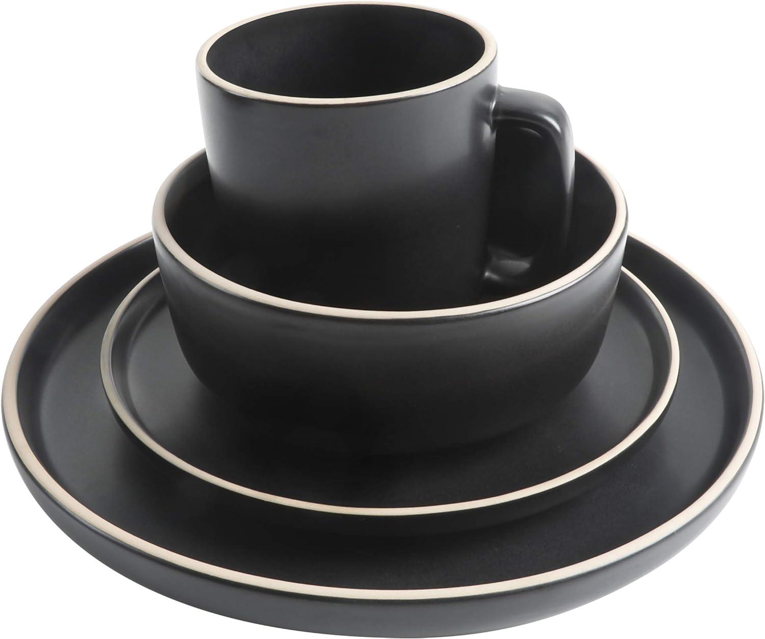 Zuma Matte Black 16-Piece Modern Ceramic Dinnerware Set, Service for 4