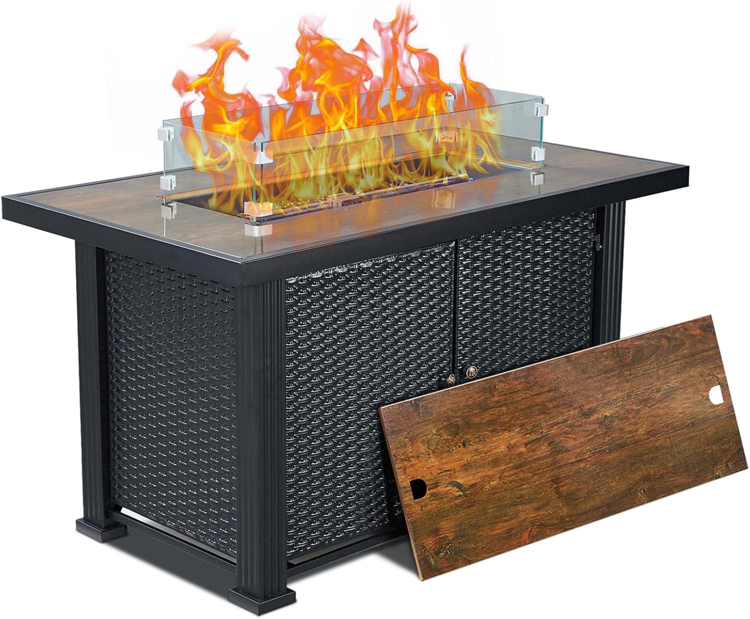 Adoolla 44" Outdoor Double Door Propane Gas Fire Pit Table 50,000 BTU with Lid, Lava Rock & Glass Wind Guard