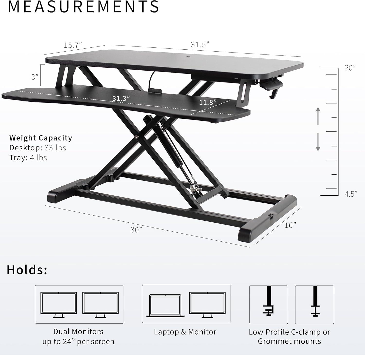 VIVO Black Height Adjustable Standing Desk Monitor Riser 32" Sit Stand Tabletop