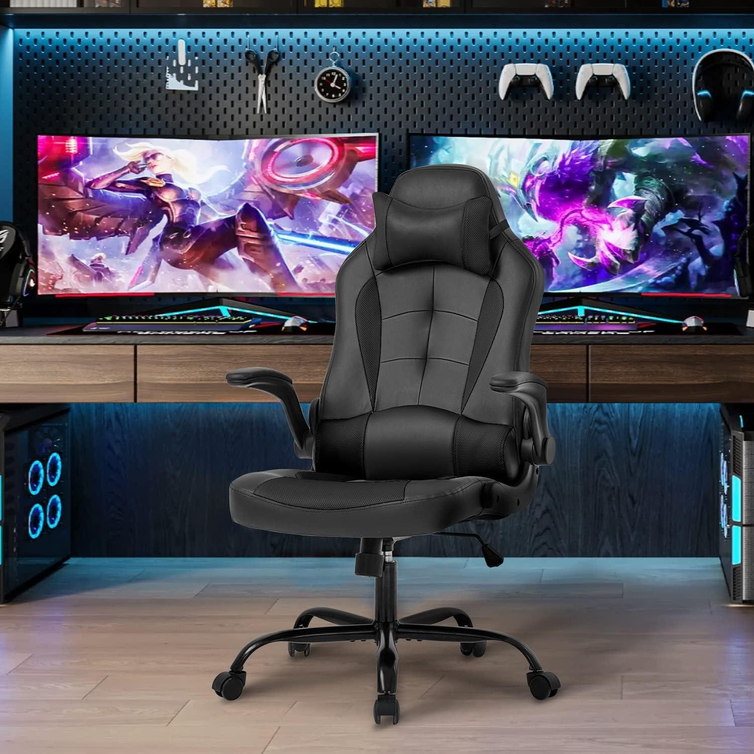 FDW PC Gaming Chair Ergonomic Office Chair Desk Chair with Lumbar Support Flip Up Arms Headrest PU Leather Executive High Back Computer Chair,Black