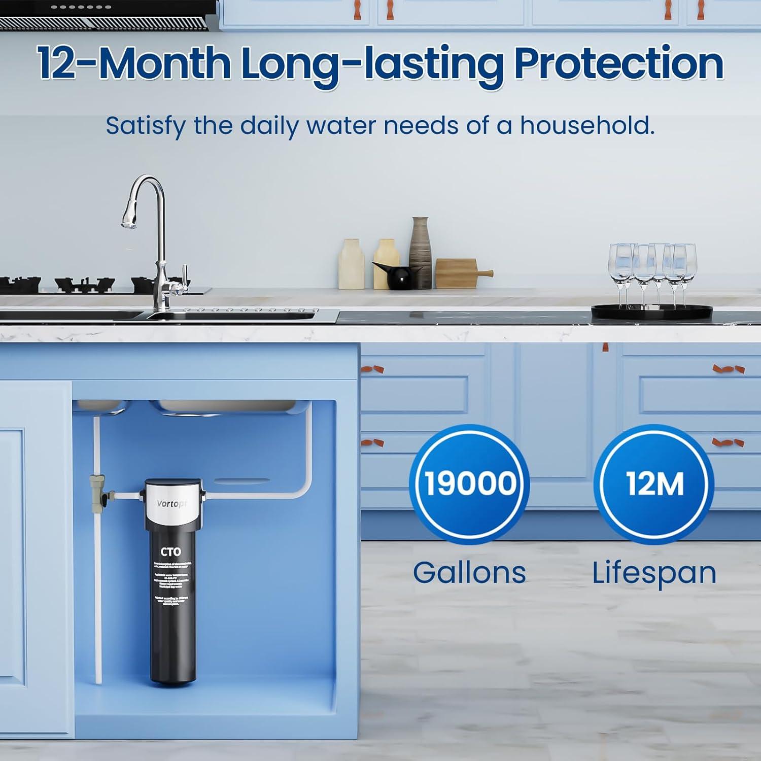 Under Sink Water Filter System ,NSF/ANSI 42 Certified Water Purifier, 28000 Galloons Large Flow Flux, Reduces PFAS, PFOA/PFOS, Chlorine, Bad Odors, Direct Connect to Kitchen Faucet, Q5-C2